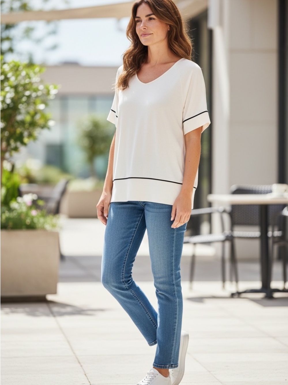 j jill Wearever Cream Short Sleeve Tee with Black Trim Georgette Bottom Sleeve
